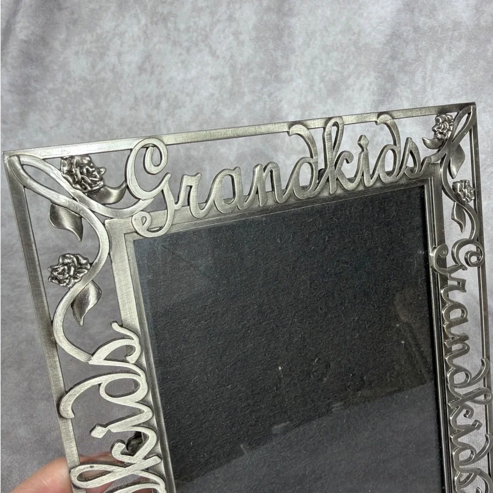 Vtg Fetco Grandkids Metal Picture Frame 5x7 Silver Openwork Floral Rose 90s Y2K